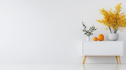 Aufkleber - A white dresser with a vase of yellow flowers on top. The room is empty and the dresser is the only piece of furniture