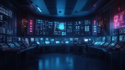 Wall Mural - futuristic control room with high-tech monitors and dashboard screens