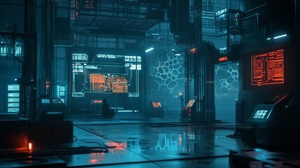 Wall Mural - futuristic digital lab with neon lights and high-tech screens