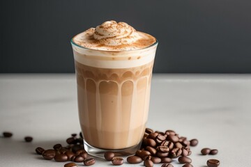 Wall Mural - Latte ice coffee on white natural background, isolated photo style, Coffee beans outside the glass, close-up portrait, vibrant color grading,