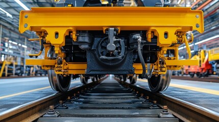 Close-up of a yellow train carriage on railway tracks, showcasing detailed machinery and wheels in a minimalistic industrial setting