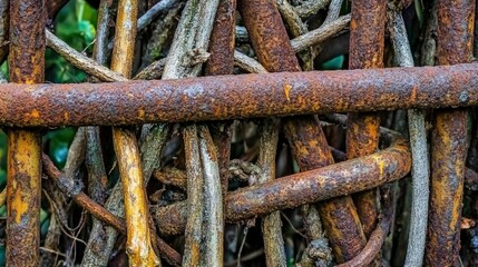 Wall Mural - Rusty metal and woven branches intertwine creating a unique texture