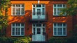 © Kaizenart - Charming red brick apartment building with white accents, surrounded by lush greenery and evening light
