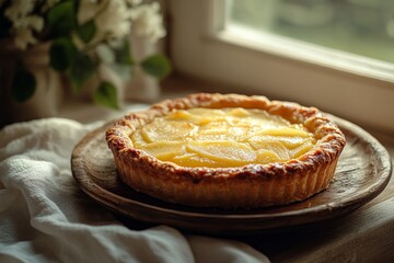 Sticker - A minimalistic stock photo of a freshly baked apple pie on a wooden plate, with a soft cloth and natural light from a window