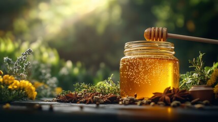 Sticker - A jar of golden honey with a honey dipper, surrounded by herbs and flowers in a natural setting