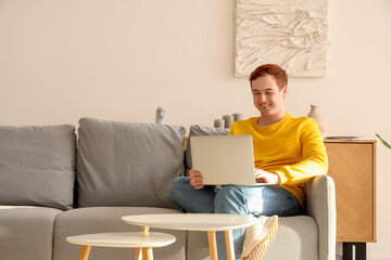 Wall Mural - Young man using laptop on couch in living room