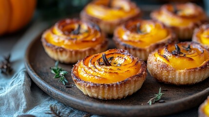 Sticker - A plate of baked mini pumpkin pastries with a golden crust and decorative pumpkin filling, garnished with herbs