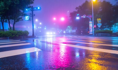 Rainy night city street, traffic lights, fog, wet road, urban scene