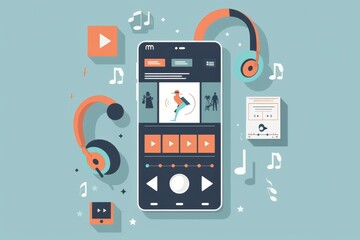 a digital music interface featuring headphones, a smartphone, and musical notes.