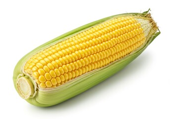 A fresh ear of corn with vibrant yellow kernels and green husks partially peeled back, isolated on a white background