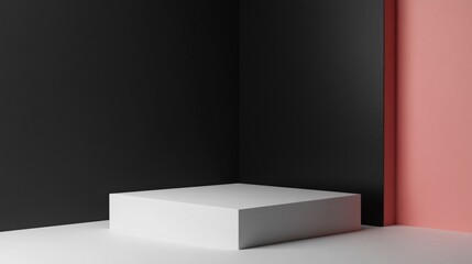 A minimalistic interior design photograph featuring a sharp, white cube pedestal set against stark black and coral walls, symbolizing simplicity and modern aesthetics.