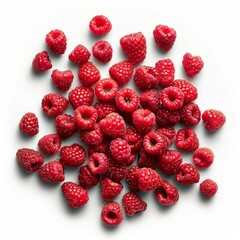 Wall Mural - Juicy red raspberries scattered on a white surface, creating an appealing image of freshness and flavor