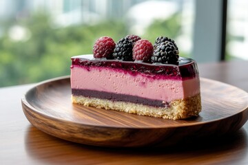 Cheesecake on wooden plate isolated on wooden background