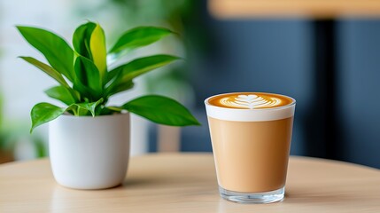 Sticker - Latte Art with Plant on Wooden Table