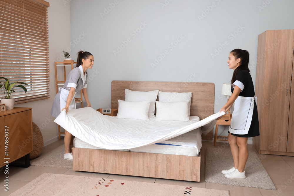 Young chambermaids making bed in bedroom