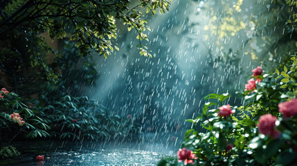 Wall Mural - forest with a stream of rain falling on it. the rain is falling on the leaves of the trees and the f