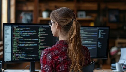 Wall Mural - female software engineer focused on coding project, working with dual monitors in modern office