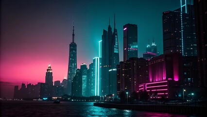 A futuristic cityscape at night with neon lights reflecting on the water. Tall skyscrapers and vibrant colors create a cyberpunk aesthetic.