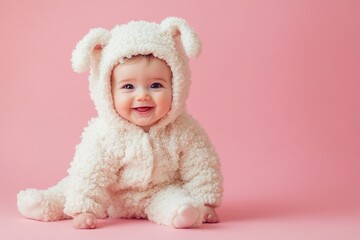 Wall Mural - cheerful sweet little baby dressed in white sheep costume sitting on pastel pink background with copy space