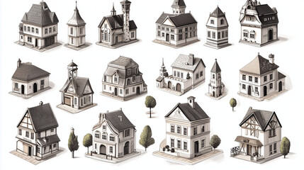 Wall Mural - detailed illustrations of old village buildings