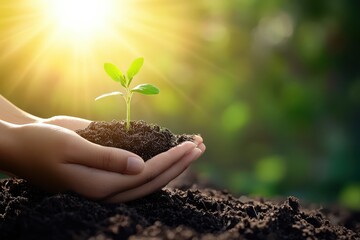 a serene image of two hands gently holding a small seedling nestled in rich dark soil against a blur