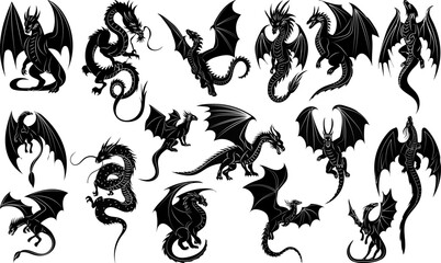Wall Mural - silhouette dragons in different poses set, collection on white background vector