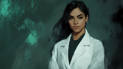 Portrait of a young female scientist or doctor in a white coat generative ai. Stormfall. Illustration