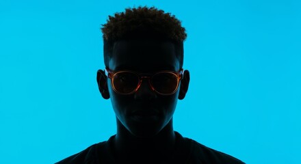 Wall Mural - Man wearing sunglasses is standing in front of a blue background