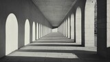 Monochromatic perspective of a long arched hallway with light and shadow patterns.