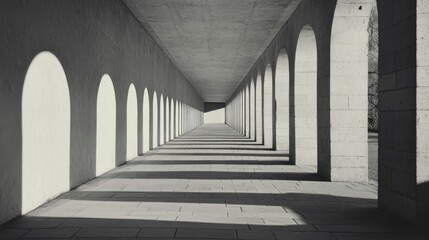 Monochromatic perspective of a long arched hallway with light and shadow patterns.