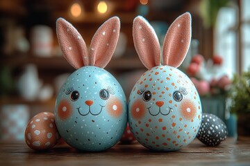 Wall Mural - Colorful painted easter eggs with bunny ears