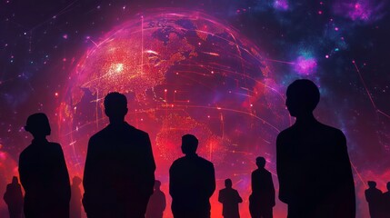 Aufkleber - Silhouetted figures gazing at a vibrant, networked Earth globe projection against a cosmic backdrop.