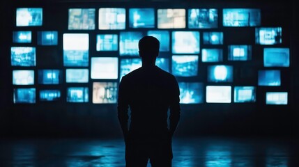 Aufkleber - Silhouetted man facing a wall of glowing blue screens displaying various images.