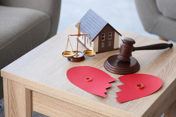 Wall Mural - Broken heart with wedding rings, justice scales, house model and judge's gavel on table in divorce lawyer's office, closeup