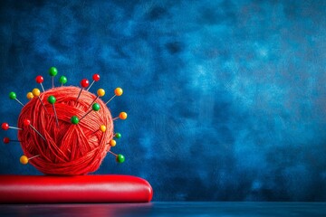 Wall Mural - Red leather background with a red thread and many needles, photographed up close with blue background and copy space