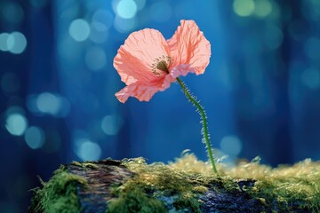 Poster - A delicate pink poppy blossoms on a mossy log, bathed in soft, blue-hued light.