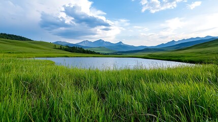 Canvas Print - Serene Mountain Lake and Grassland Landscape