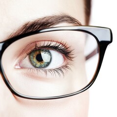Poster - Close up view of a human eye showcasing intricate details and vibrant colors through glasses. Generative AI