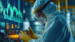© Oppilamani - Nuclear Energy Worker in Protective Gear Inspecting a Reactor with Background Charts Showcasing Rising Global Interest in Nuclear Energy and Price Fluctuations