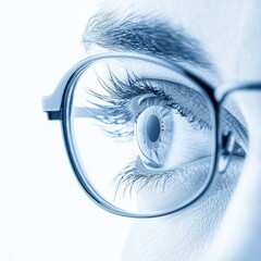 Poster - Close up of a human eye with glasses highlighting the intricate details in a serene and focused expression. Generative AI