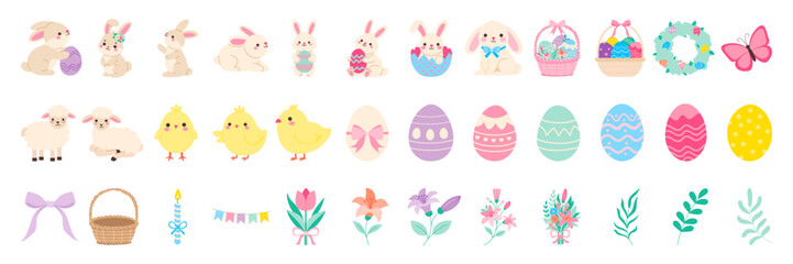 Wall Mural - a collection of easter themed images including easter eggs, rabbits, and flowers. the images are in 