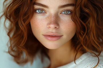 Wall Mural - Portrait of a young woman with curly red hair and striking green eyes on a soft background expressing natural beauty and confidence