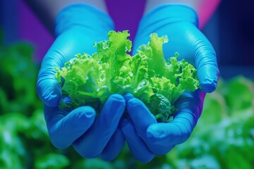 Wall Mural - Fresh lettuce held by hands wearing blue gloves in a vibrant setting