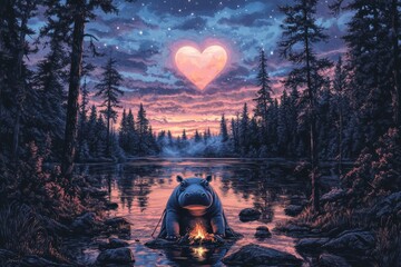 Wall Mural - Hippo by the Lake with Heart-Shaped Clouds in Twilight Sky