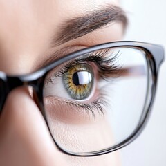 Poster - Close up of a human eye with glasses showcasing colors and details in a bright environment. Generative AI