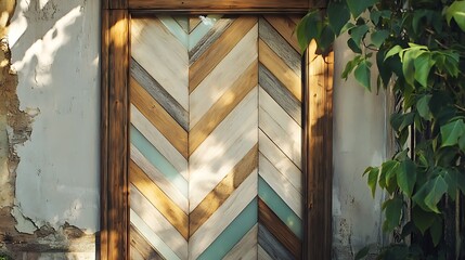 Wall Mural - A back door with a chevron pattern made of alternating wood and frosted glass 