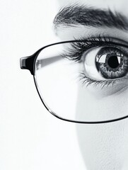 Poster - Close up view of a human eye behind glasses showing intricate details and reflections in bright lighting. Generative AI