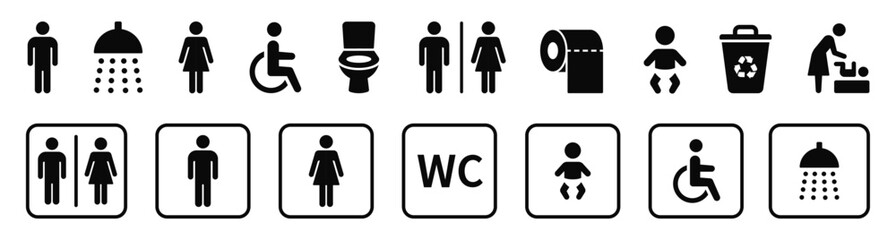 wc icon set. toilet, restroom, man and woman, bathroom, disabled, dumpster, toilet paper, infant - s