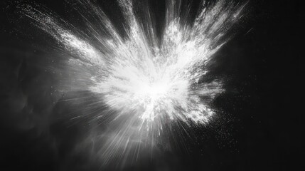 Wall Mural - Abstract grayscale explosion with bright center and radiating particles on black background.