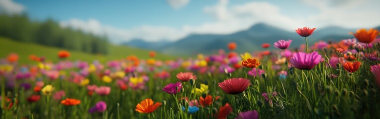 Canvas Print - Colorful wildflower meadow under bright blue sky with distant mountains